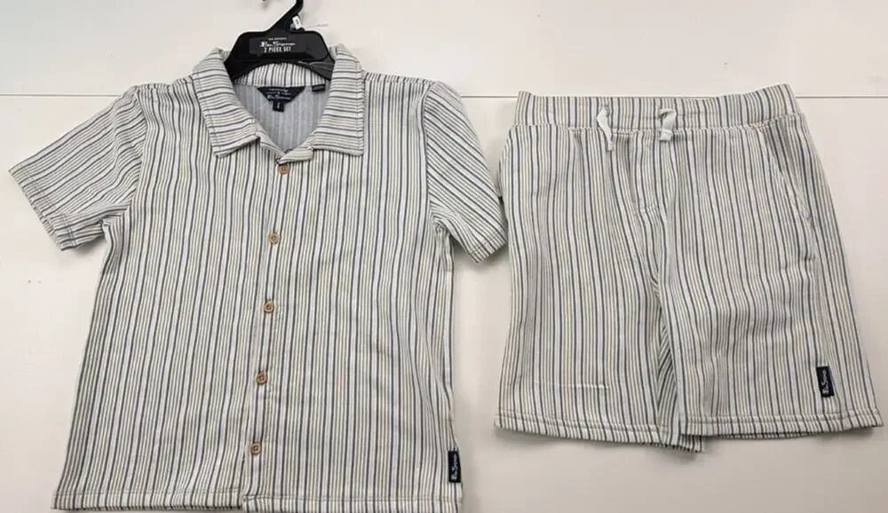 NWT Ben Sherman Boys 2 Piece Set Striped Button Up Shirt Shorts Outfit Gray Blue